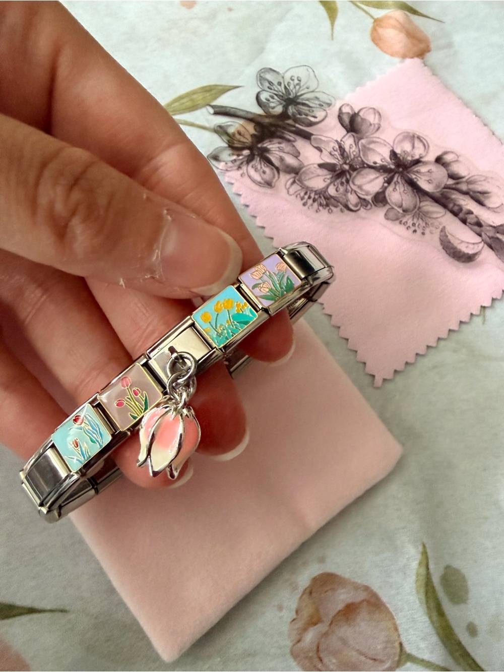 Pink Tulip Italian Charm Bracelet Gift Set with Tulip Charm